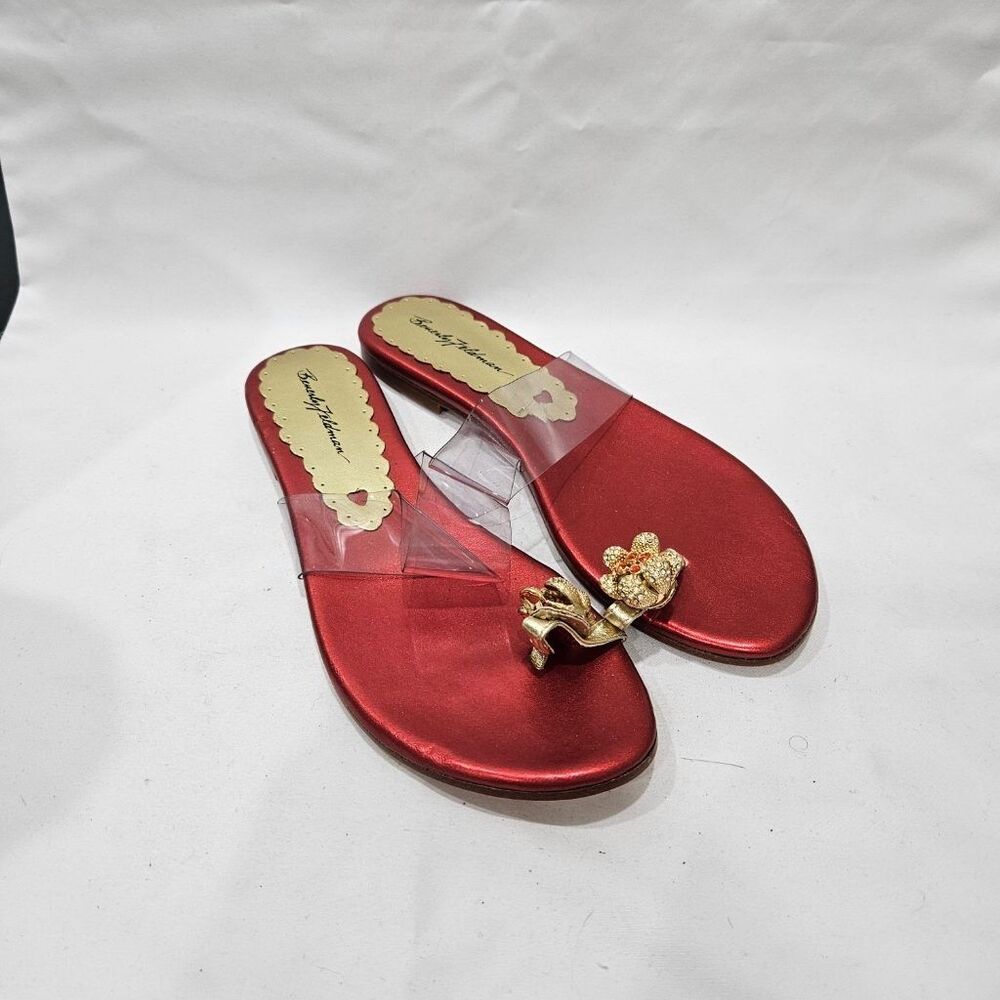 Beverly Feldman Queen of Love Red Metallic Flower Thong Sandals Slides Sz 8 M